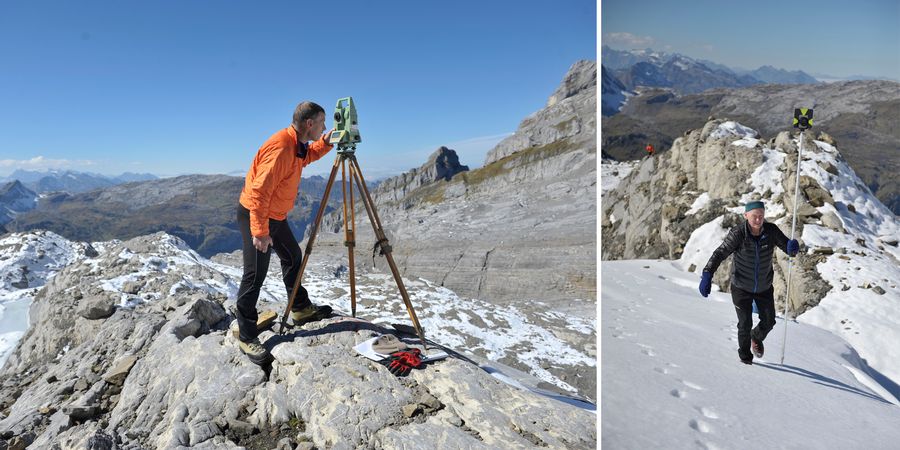 Mann mit Messgerät + Sicht auf Gletscherzunge
